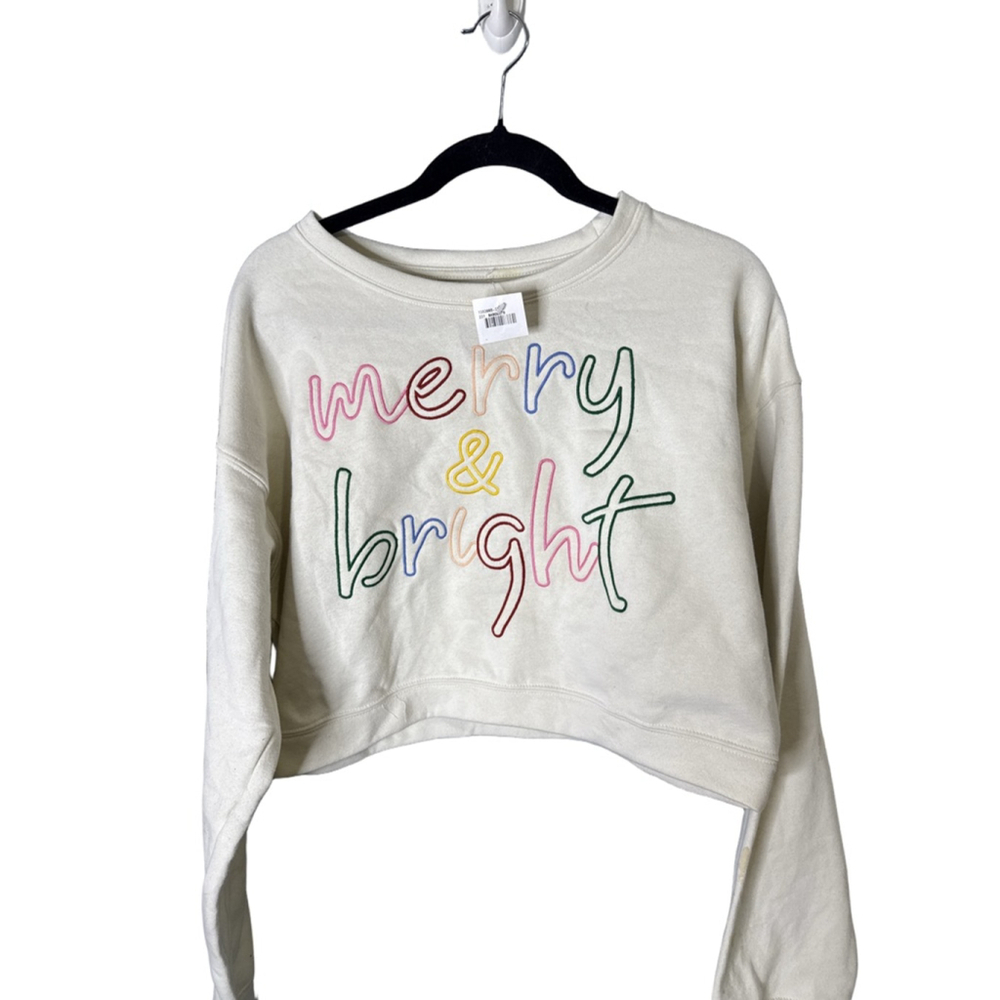 Women's Inspired Culture Beige Multicolor Merry & Bright Sweatshirt L